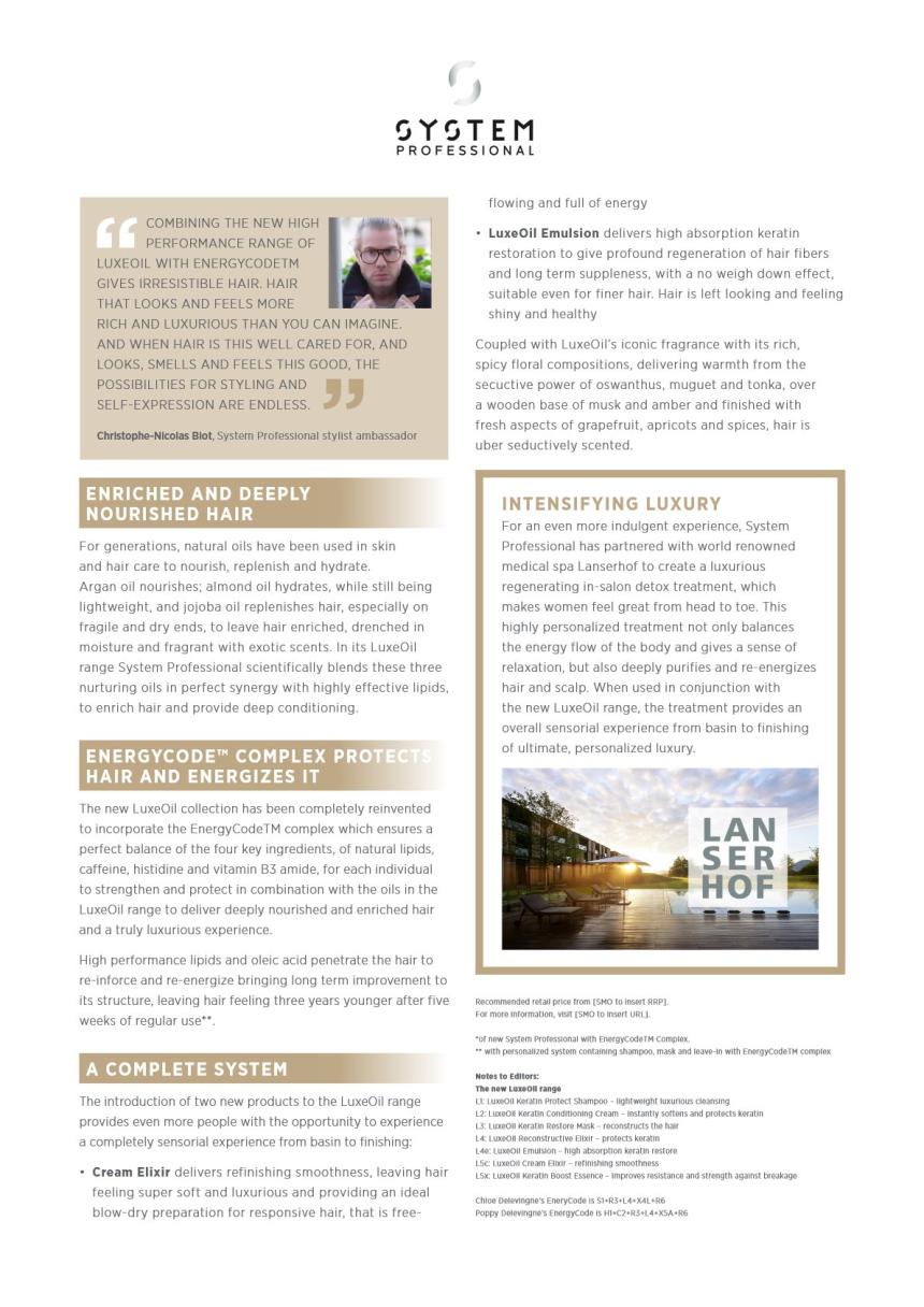System Professional LuxeOil Press Release