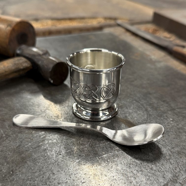 Embossed Celtic Pewter Egg Cup And Spoon Embossed Celtic Pewter Egg Cup And Spoon