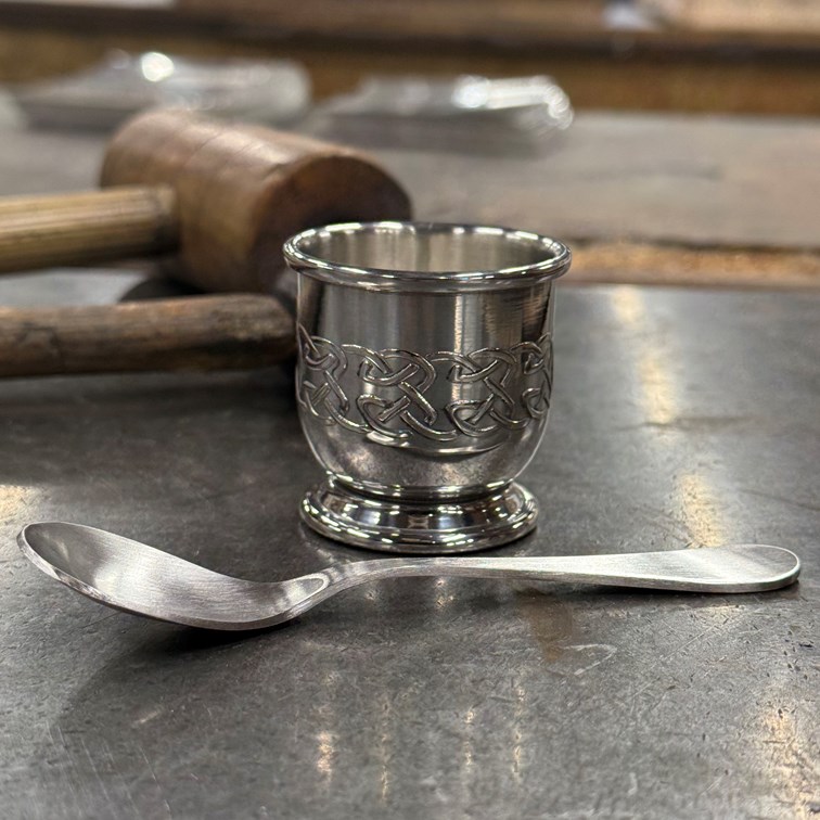 Embossed Celtic Pewter Egg Cup And Spoon Embossed Celtic Pewter Egg Cup And Spoon