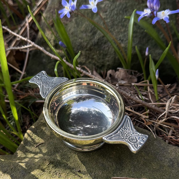 Small Brass Rim Pewter Quaich Small Brass Rim Pewter Quaich