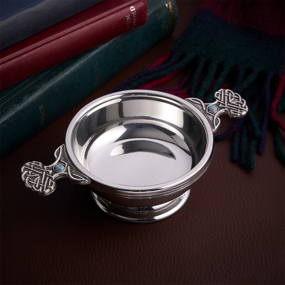 October Birthstone Pewter Quaich With Opal Stones October Birthstone Pewter Quaich With Opal Stones