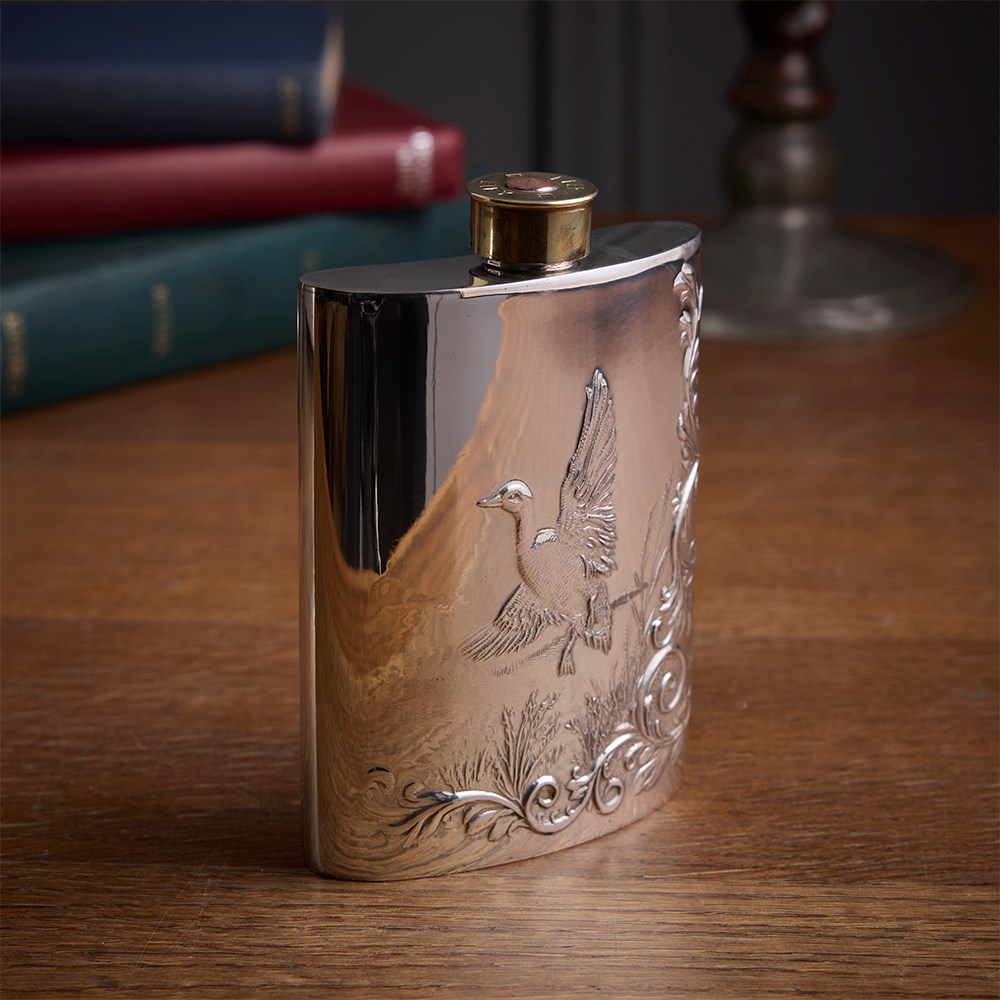 Embossed Mallard 6oz Pewter Kidney Flask