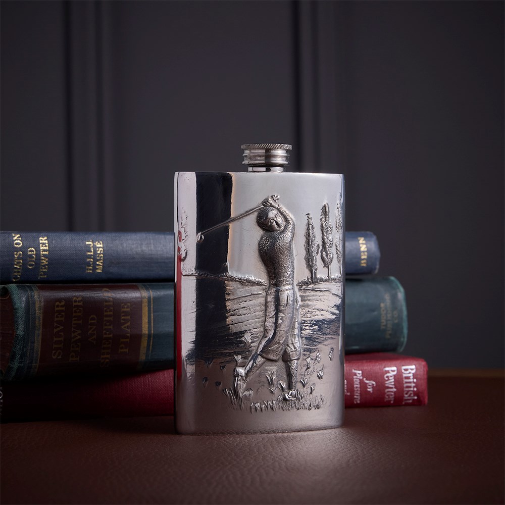 Embossed Golfer 3oz Top Pocket Flask Embossed Golfer 3oz Top Pocket Flask
