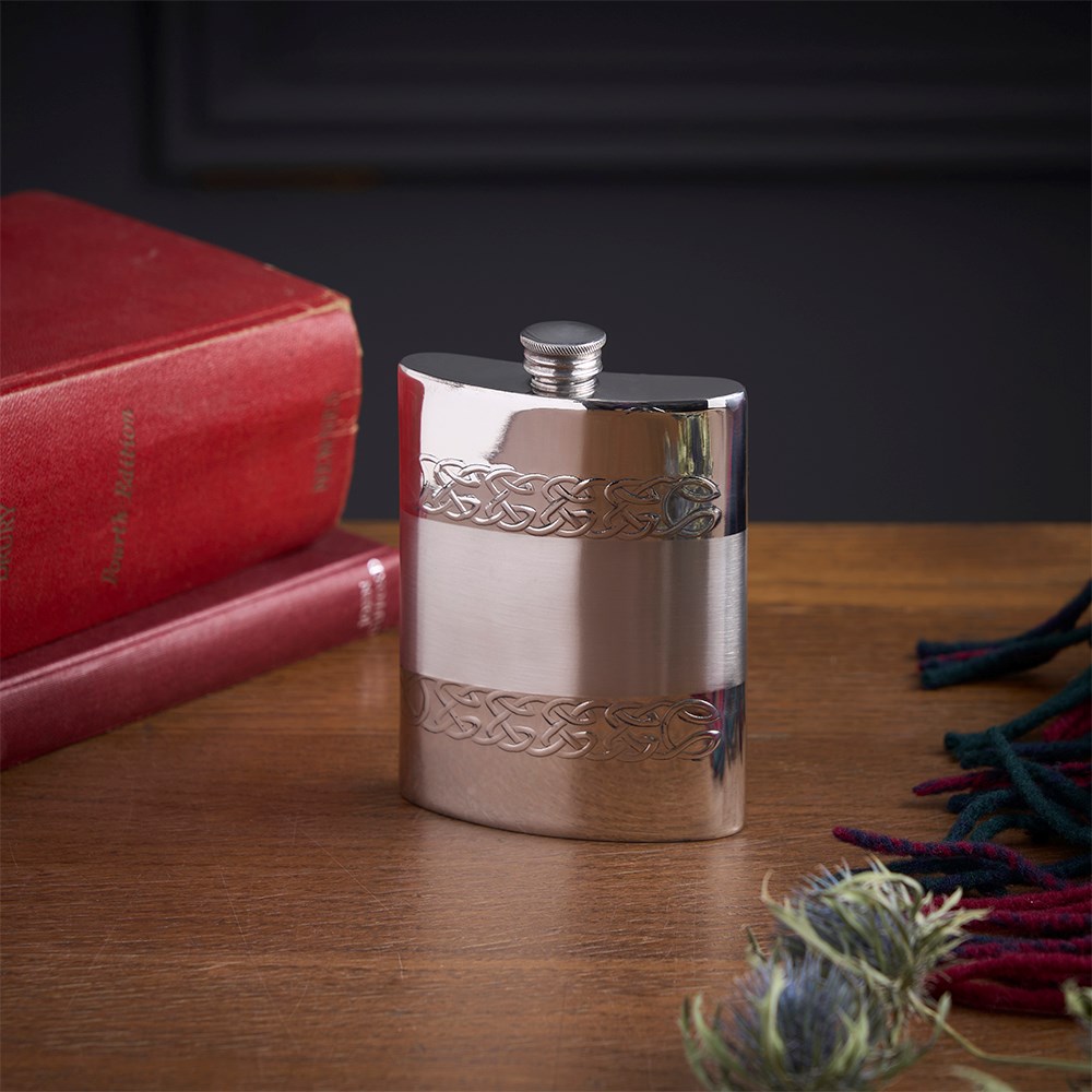 Embossed Celtic Bands 6oz Pewter Kidney Hip Flask