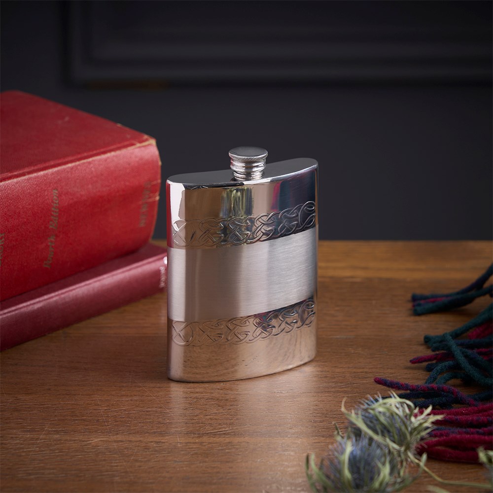 Embossed Celtic Bands 6oz Pewter Kidney Hip Flask