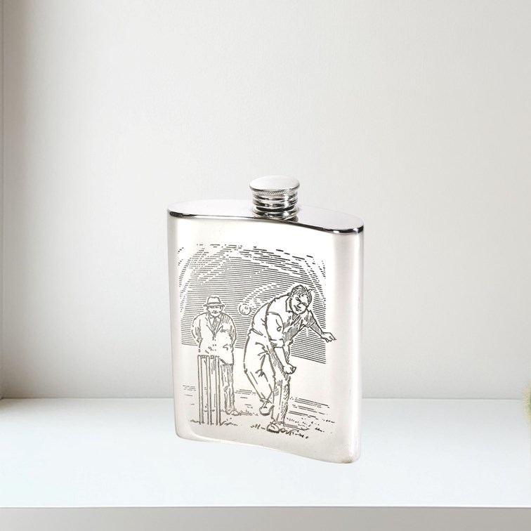 6oz Cricket Scene Pewter Kidney Hip Flask 6oz Cricket Scene Pewter Kidney Hip Flask