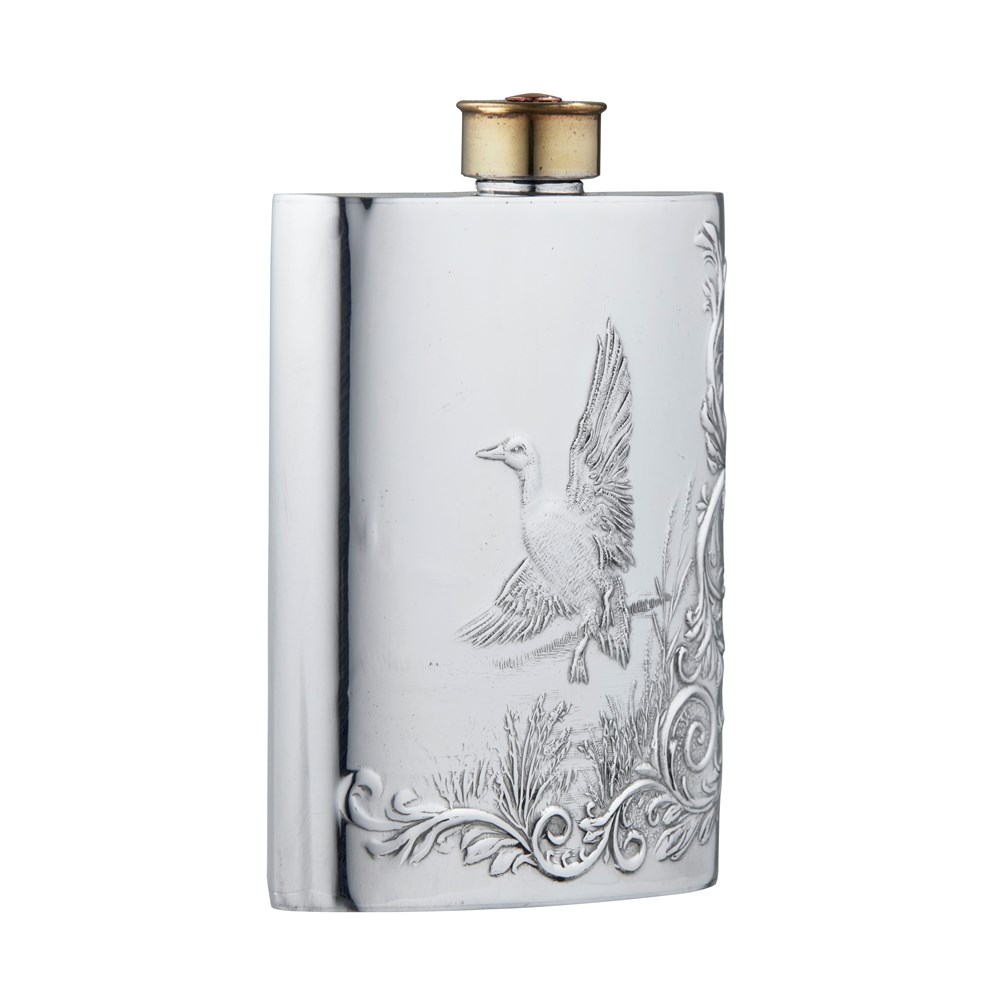 Embossed Mallard 6oz Pewter Kidney Flask
