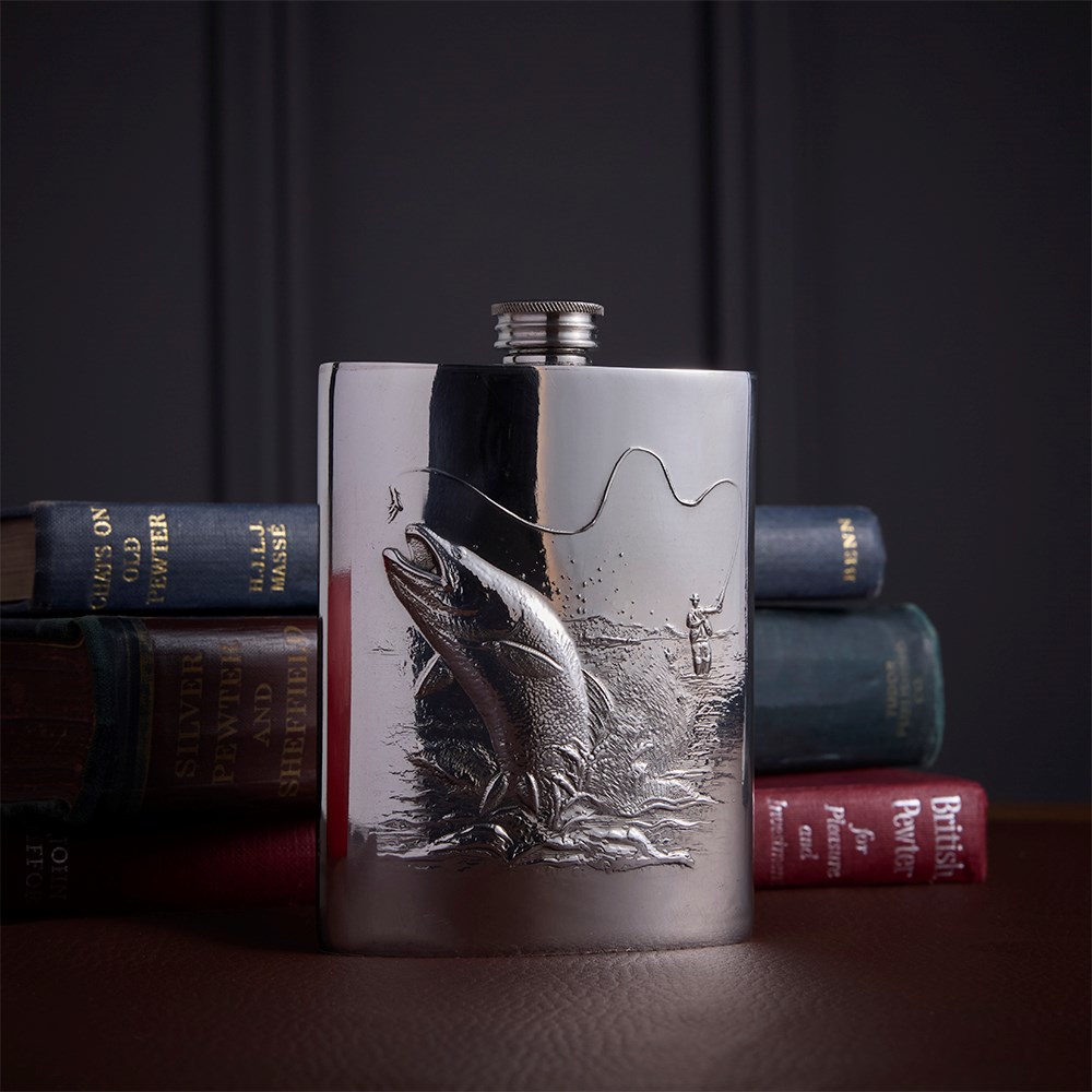 Embossed Fishing 6oz Pewter Kidney Flask
