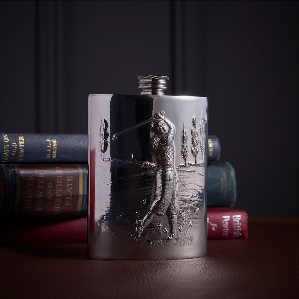 Embossed Golfer 6oz Pewter Kidney Flask Embossed Golfer 6oz Pewter Kidney Flask
