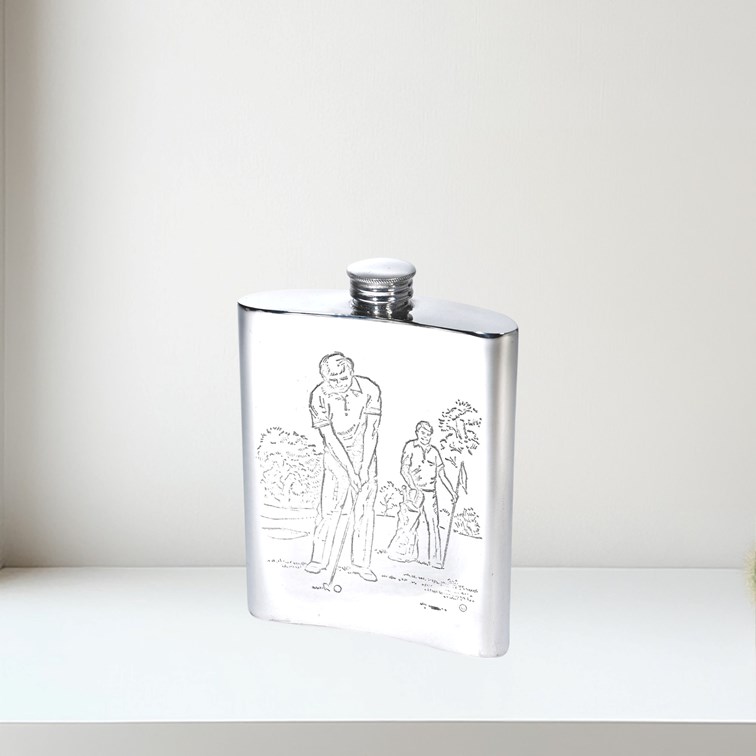 6oz Golf Scene Pewter Kidney Hip Flask 6oz Golf Scene Pewter Kidney Hip Flask