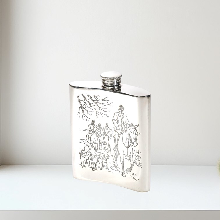 6oz Hunting Scene Pewter Kidney Hip Flask