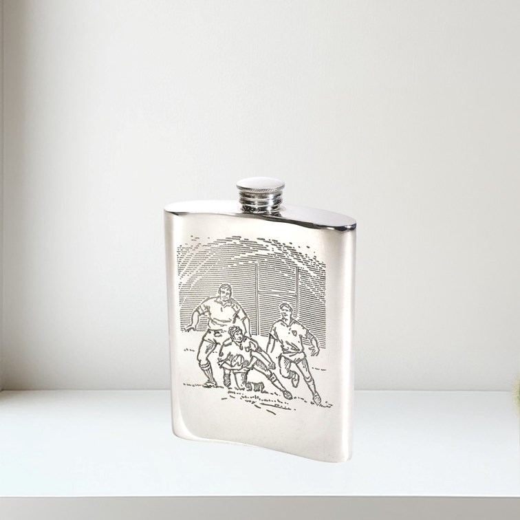 6oz Rugby Scene Pewter Kidney Hip Flask 6oz Rugby Scene Pewter Kidney Hip Flask