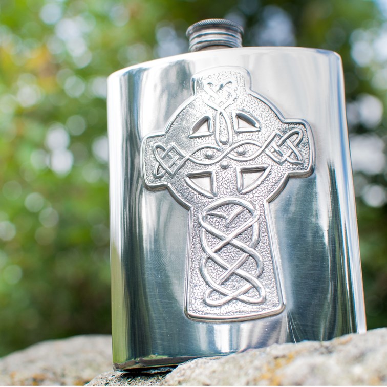 Celtic Cross Embossed Pewter Kidney Flask Celtic Cross Embossed Pewter Kidney Flask