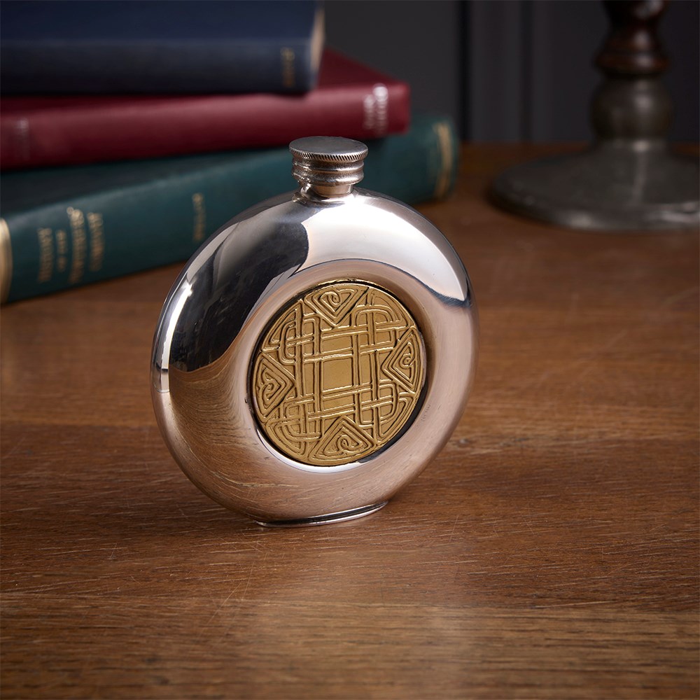 Round Pewter Celtic Gold Flask Round Pewter Celtic Gold Flask