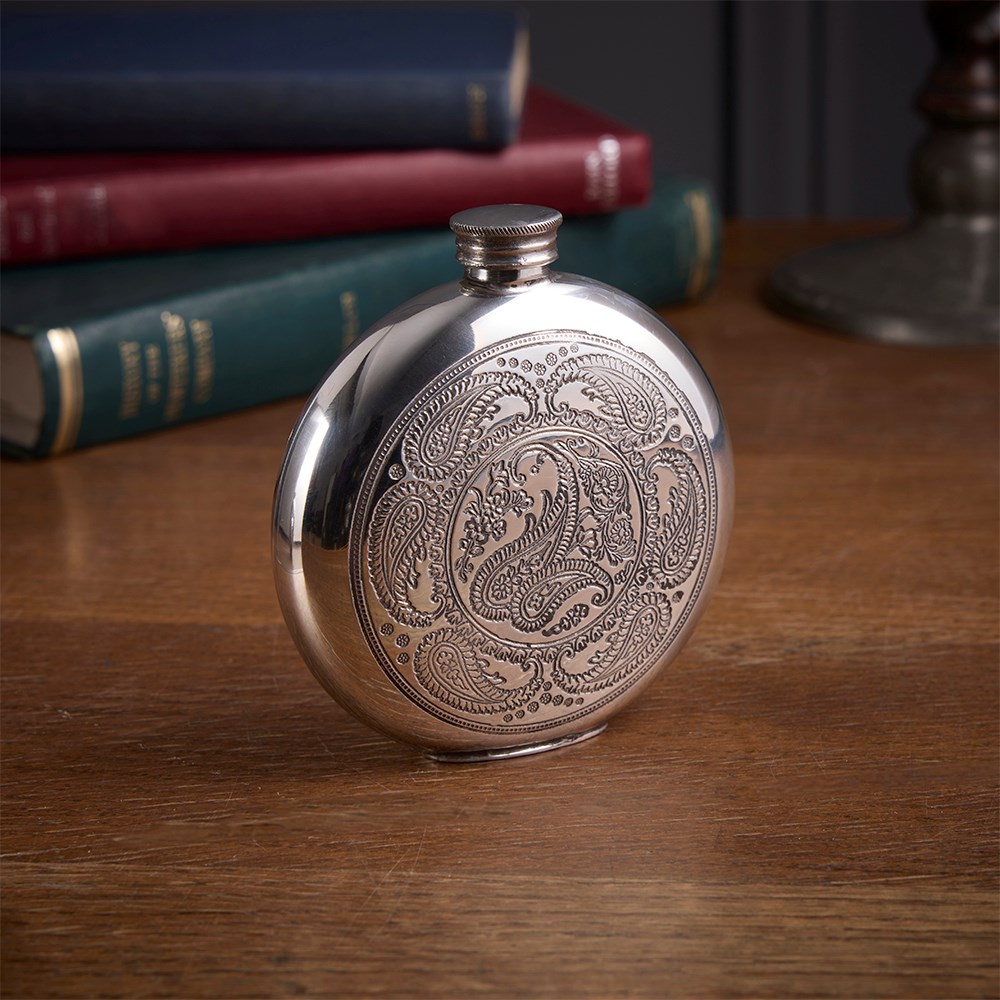 Round Pewter Paisley Flask