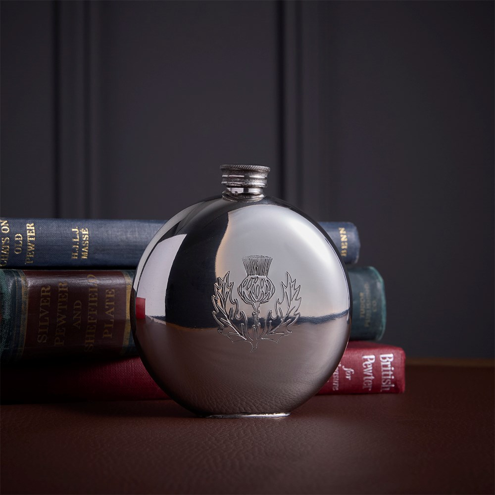 Round Pewter Thistle Flask Round Pewter Thistle Flask