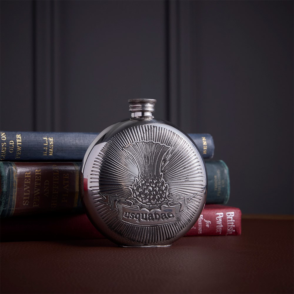 Round Usquabae Single Thistle Pewter Flask