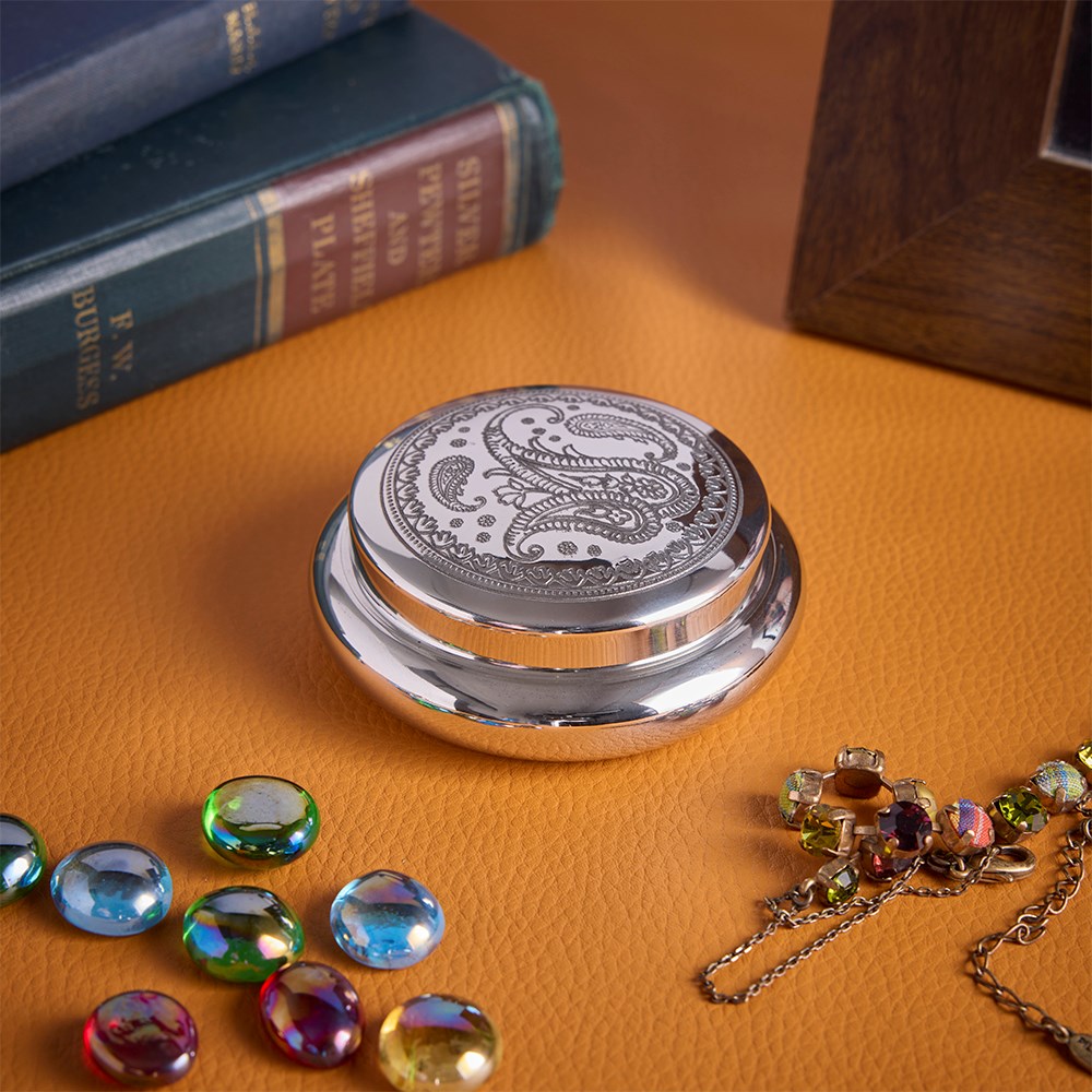 Paisley Round Pewter  Trinket Box