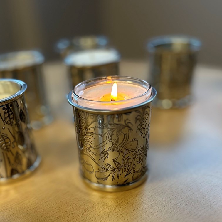 Peacock Patterned Pewter Candle Votive Peacock Patterned Pewter Candle Votive