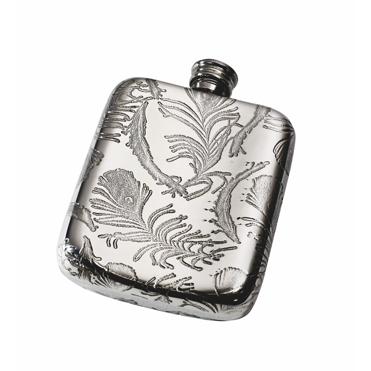 Peacock Pattern 4oz Pewter Pocket Flask Peacock Pattern 4oz Pewter Pocket Flask