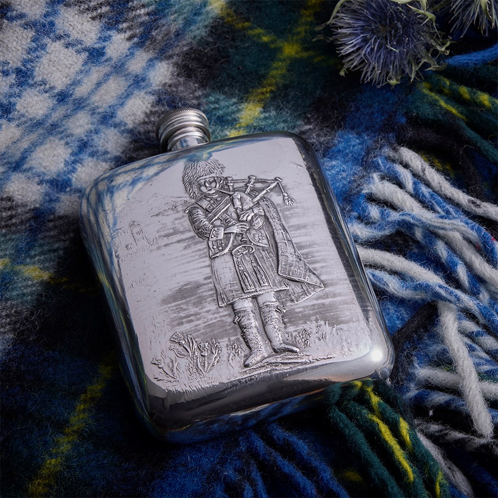 Piper Embossed 6oz Pewter Pocket Flask
