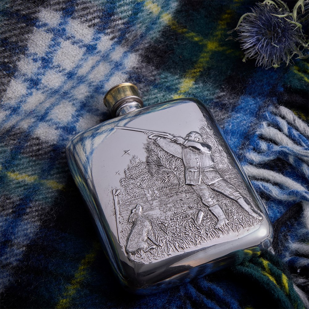 Shooting Embossed 6oz Pewter Pocket Flask