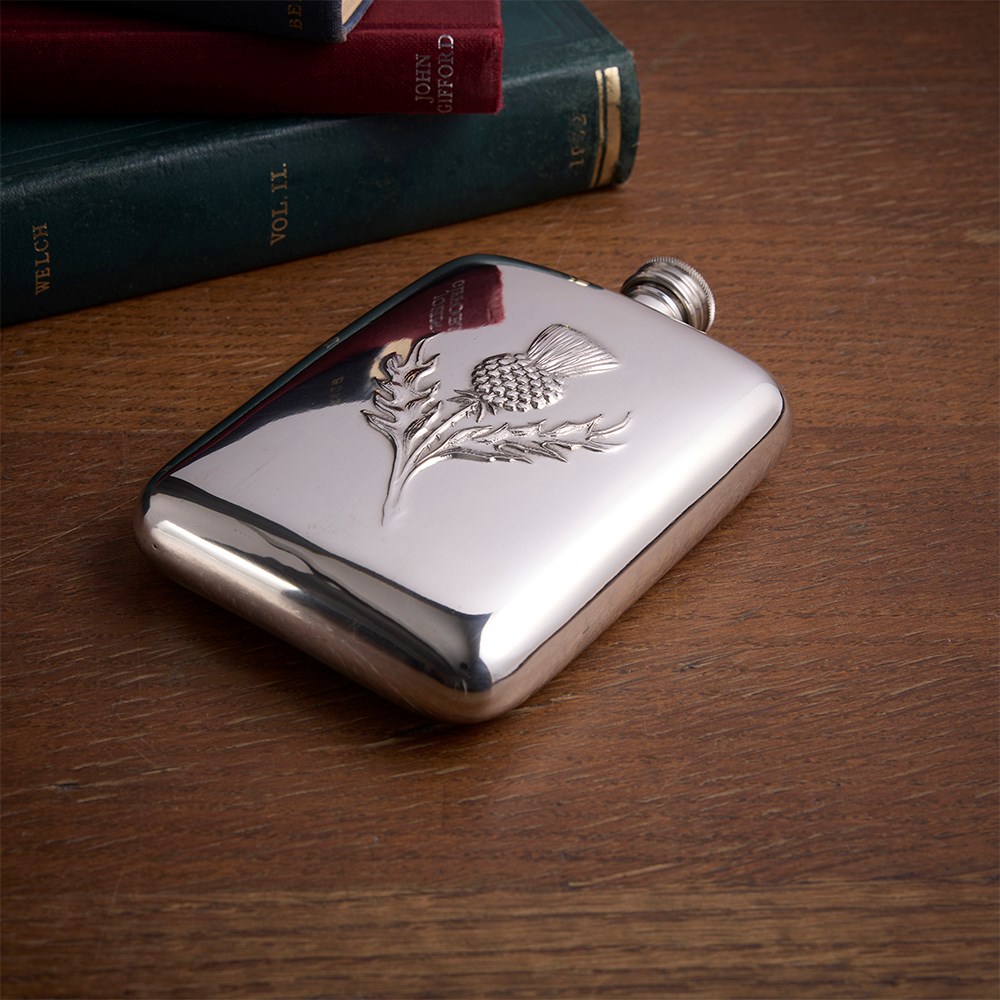 Thistle Embossed 6oz Pewter Pocket Flask