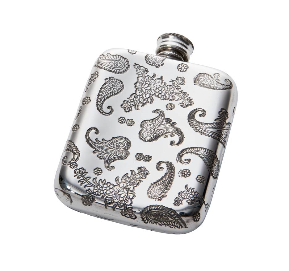 reverse view 4oz paisley pewter pocket flask