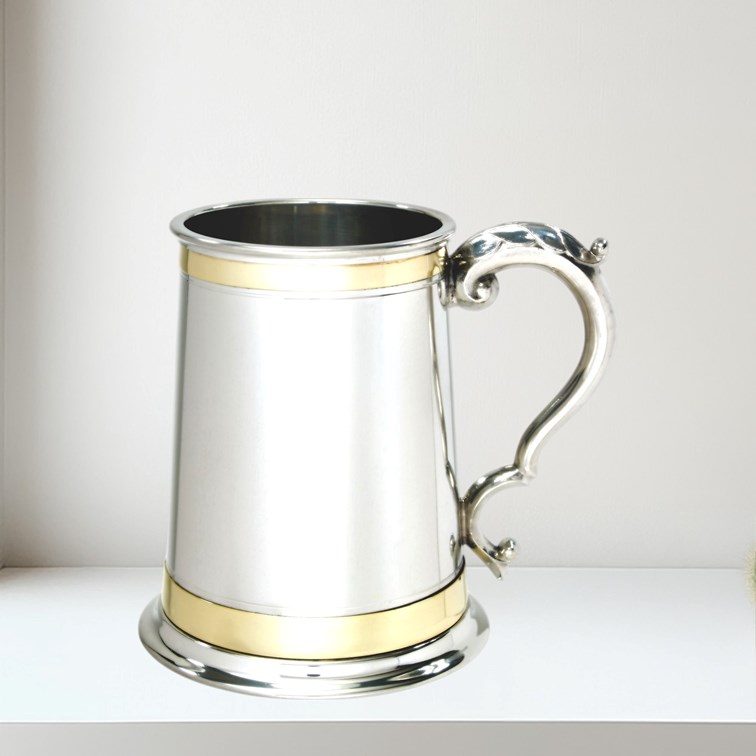 One Pint Double Brass Band Monarch Pewter Tankard A140 1 pint Double Brass Band Monarch Pewter Tankard