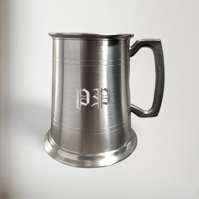 One Pint Antique Finish Lined Pewter Tankard engraving on antique finish pewter tankard