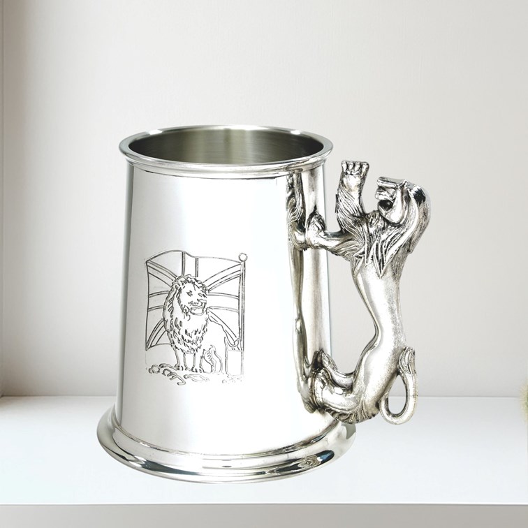 Union Jack Lion Handle One Pint Pewter Tankard Union Jack Lion Handle One Pint Pewter Tankard