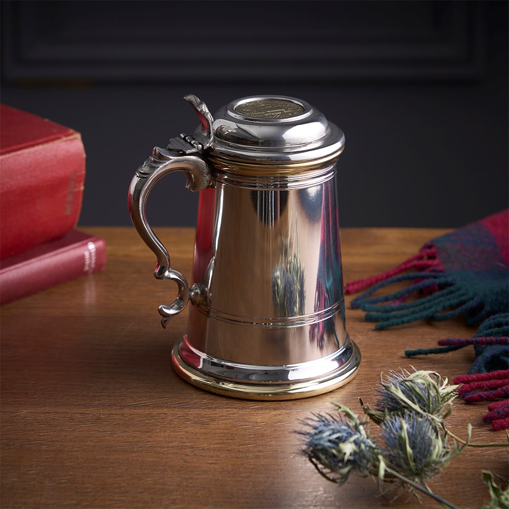 Heavy Lidded Celtic Gold Pewter And Brass Tankard