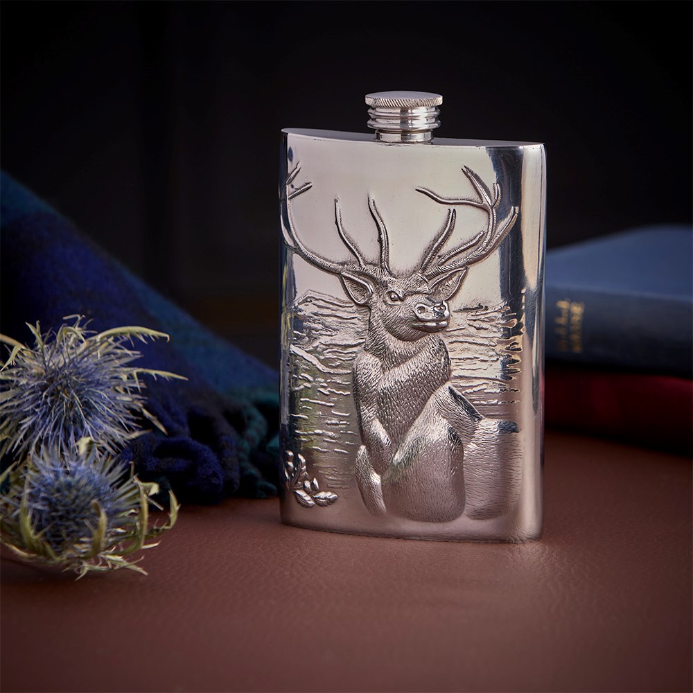 Embossed Monarch of the Glen 3oz Top Pocket Flask