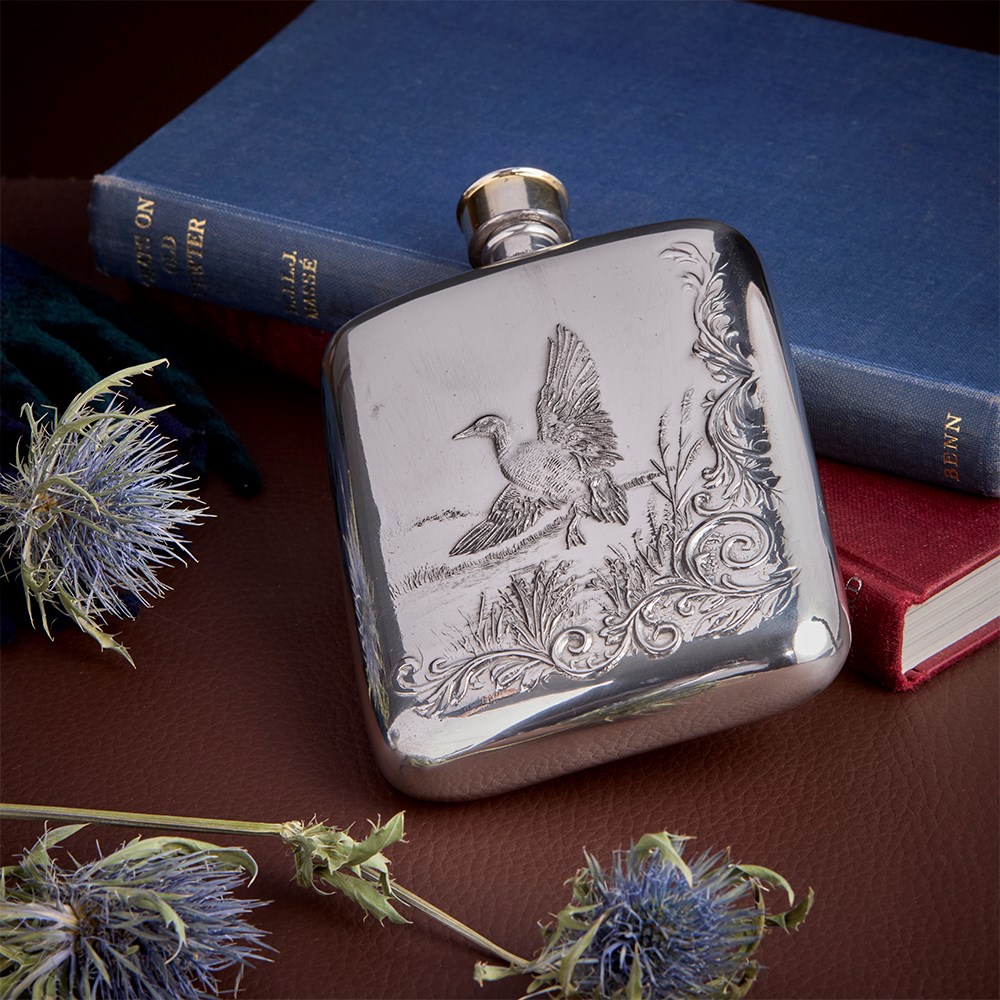 Mallard Embossed 6oz Pewter Pocket Flask