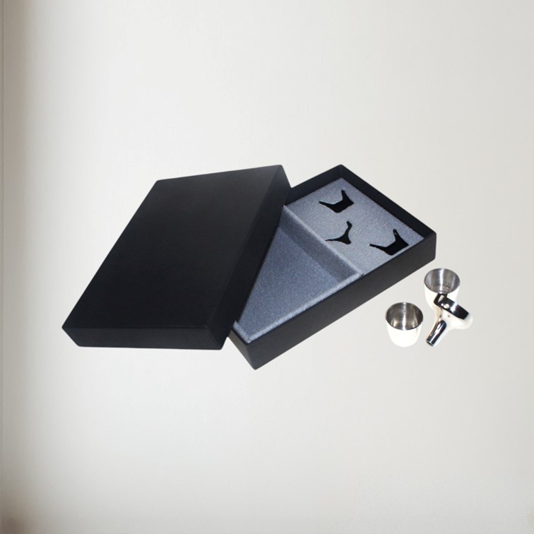 Flask Presentation Box showing th ebox and insert for the nip cups and funnel