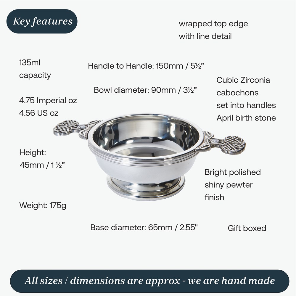 Birthstone Pewter Quaich April With Cubic Zicorna Stones Birthstone Pewter Quaich April With Cubic Zicorna Stones