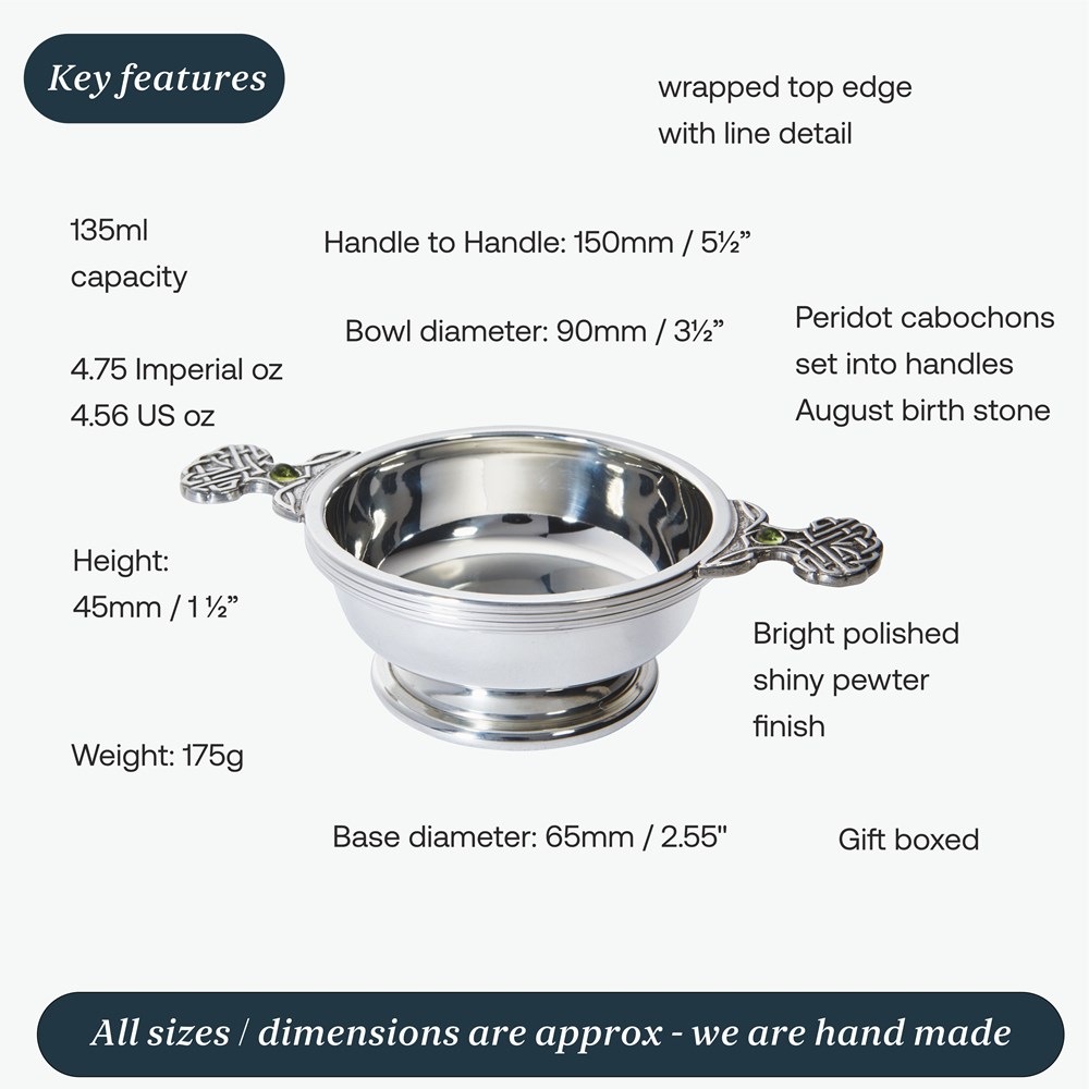 Birthstone Pewter Quaich August With Peridot Stones Birthstone Pewter Quaich August With Peridot Stones