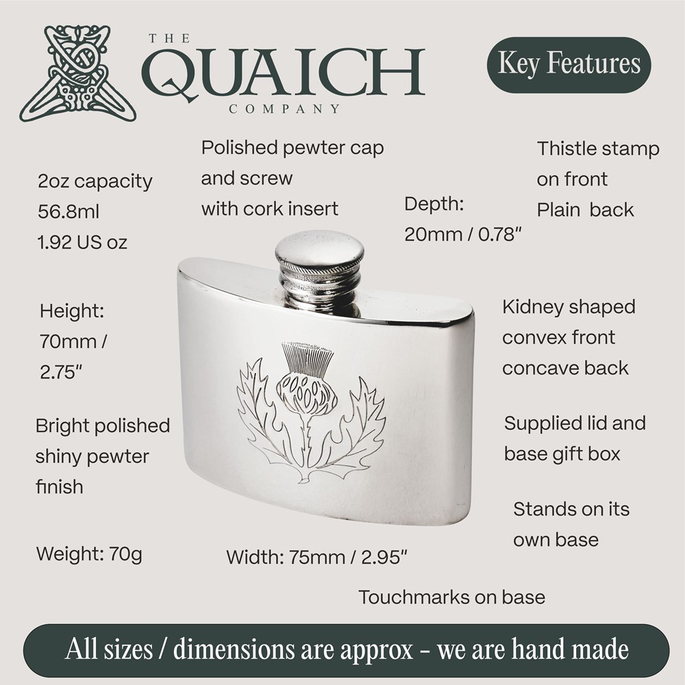Thistle Stamp 2oz Pewter Kidney Flask Thistle Stamp 2oz Pewter Kidney Flask