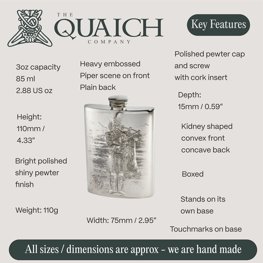 Embossed Piper 3oz Top Pocket Flask Embossed Piper 3oz Top Pocket Flask