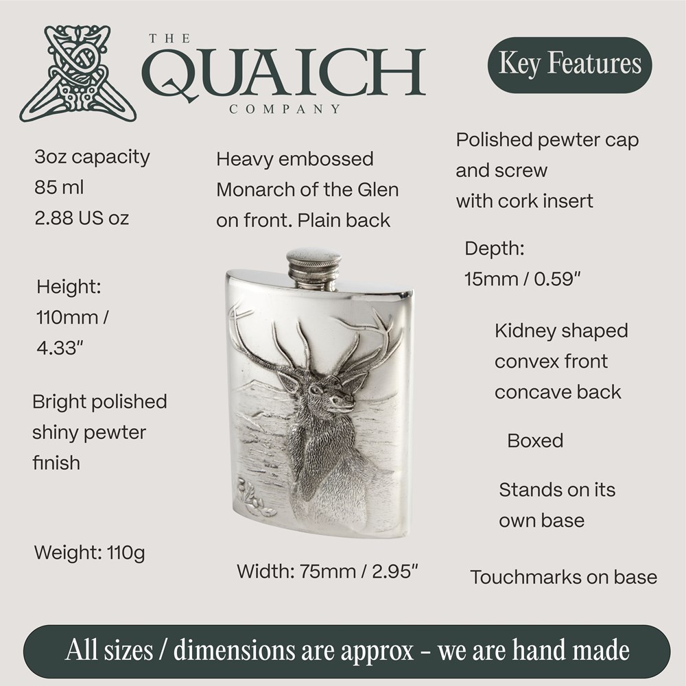 Embossed Monarch of the Glen 3oz Top Pocket Flask Embossed Monarch of the Glen 3oz Top Pocket Flask