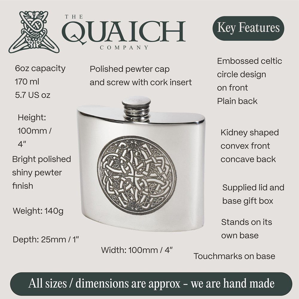 Celtic Circle 6oz Pewter Kidney Hip Flask Celtic Circle 6oz Pewter Kidney Hip Flask