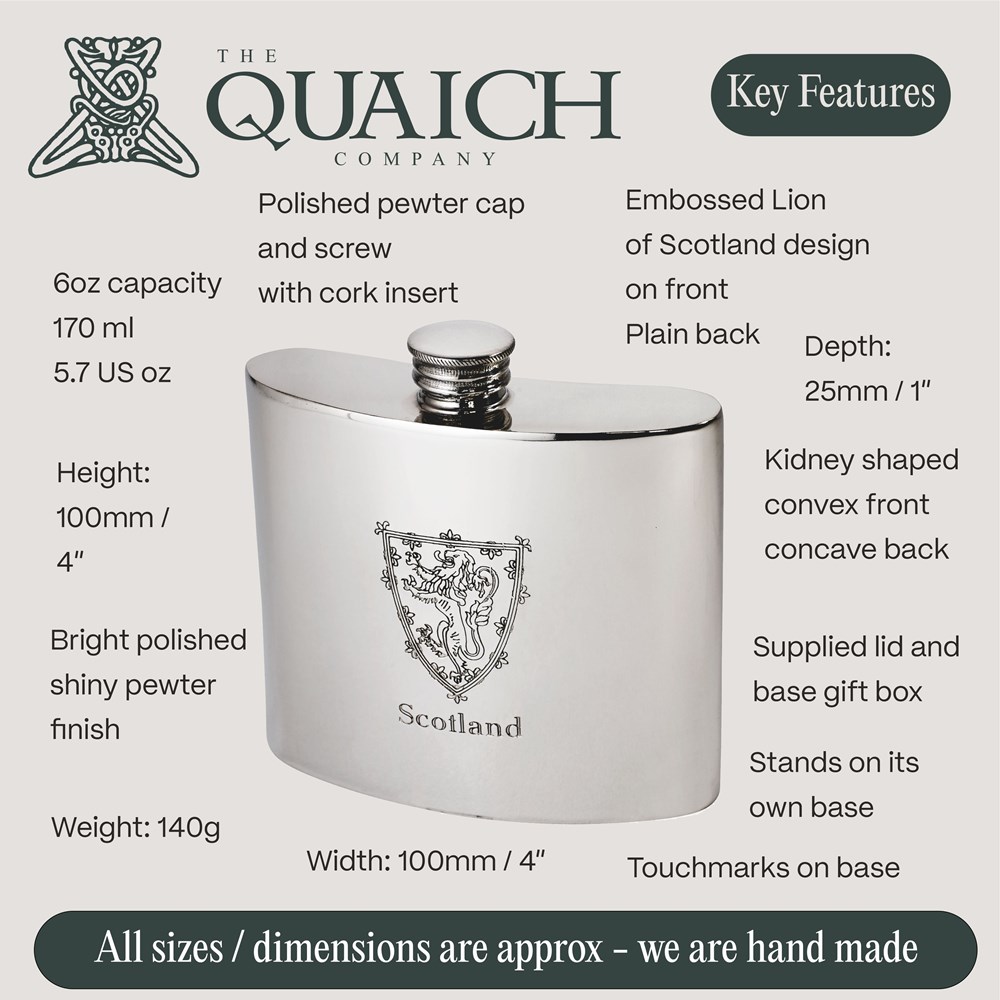 Lion Of Scotland 6oz Pewter Kidney Hip flask Lion Of Scotland 6oz Pewter Kidney Hip flask