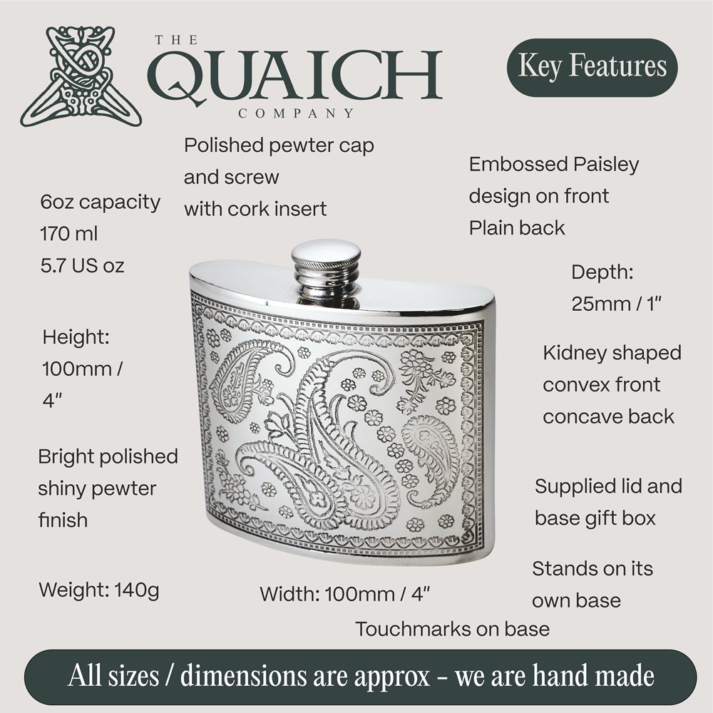 Paisley Pewter 6oz Kidney Hip flask Paisley Pewter 6oz Kidney Hip flask
