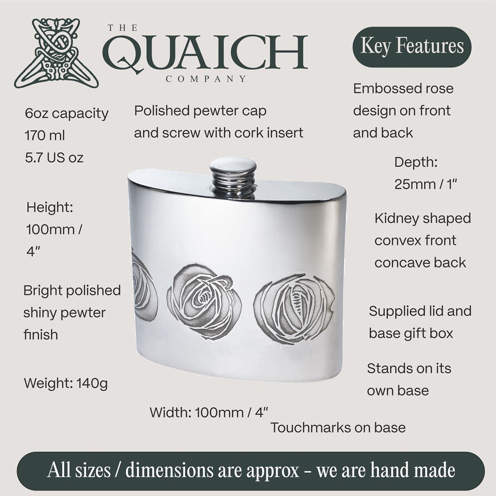 Charles Rennie Mackintosh Rose 6oz Pewter Kidney Hip Flask