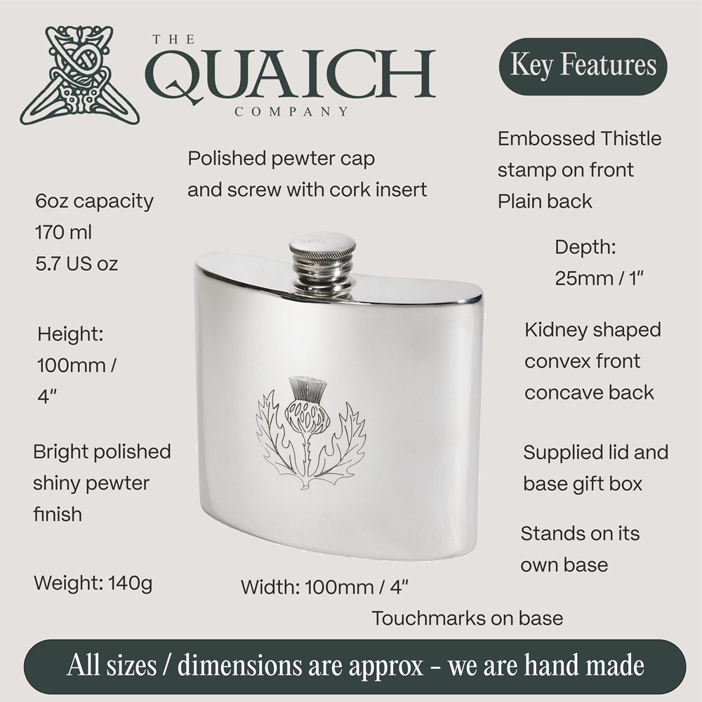 Thistle 6oz Pewter Kidney Hip Flask
