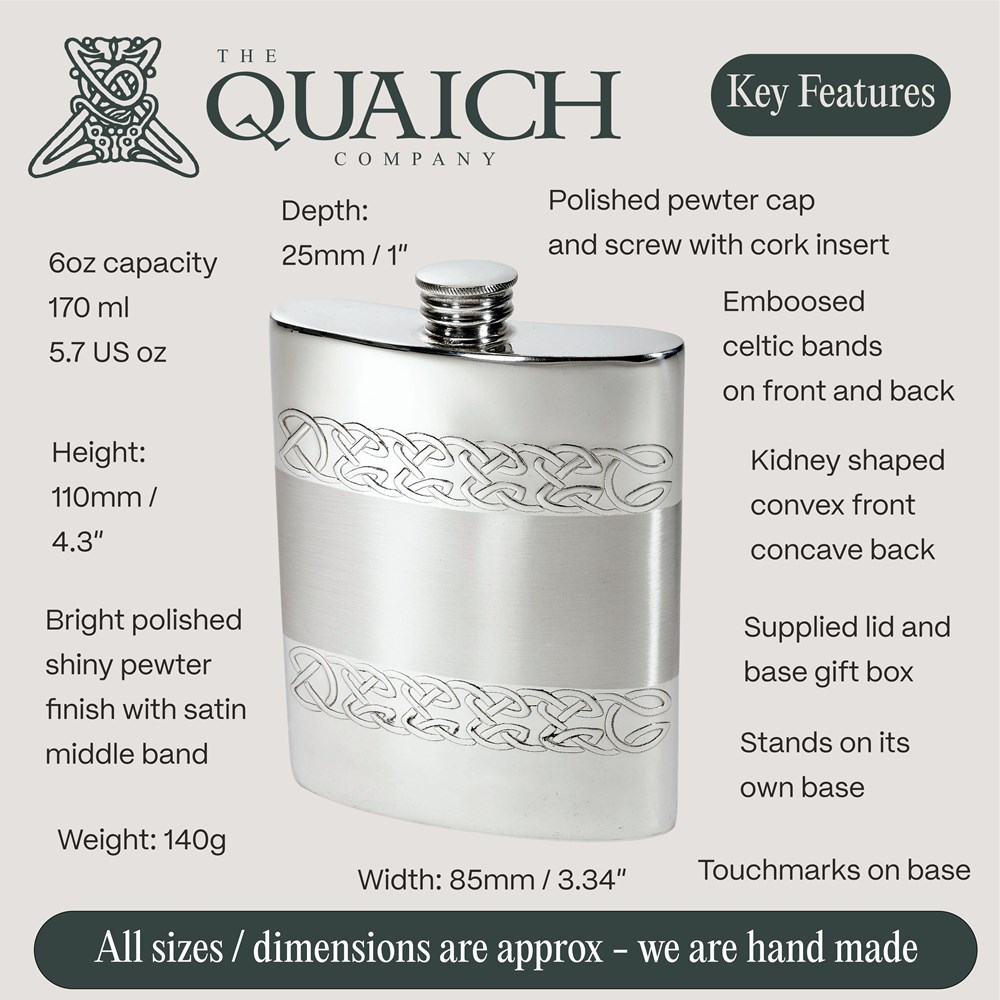Embossed Celtic Bands 6oz Pewter Kidney Hip Flask Embossed Celtic Bands 6oz Pewter Kidney Hip Flask