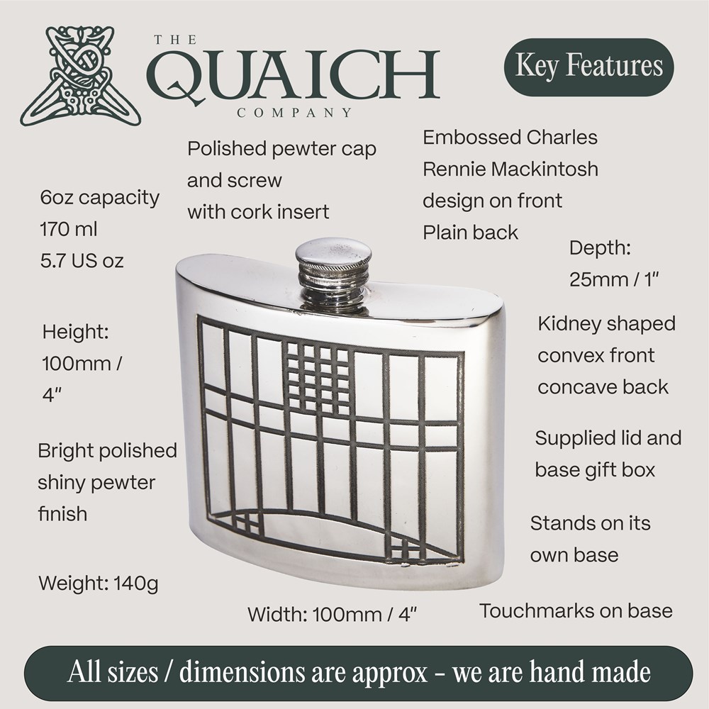 Charles Rennie Mackintosh 6oz Pewter Kidney Hip Flask Charles Rennie Mackintosh 6oz Pewter Kidney Hip Flask