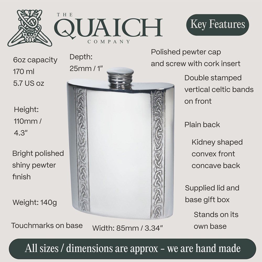 Vertical Celtic Bands 6oz Pewter Kidney Hip Flask