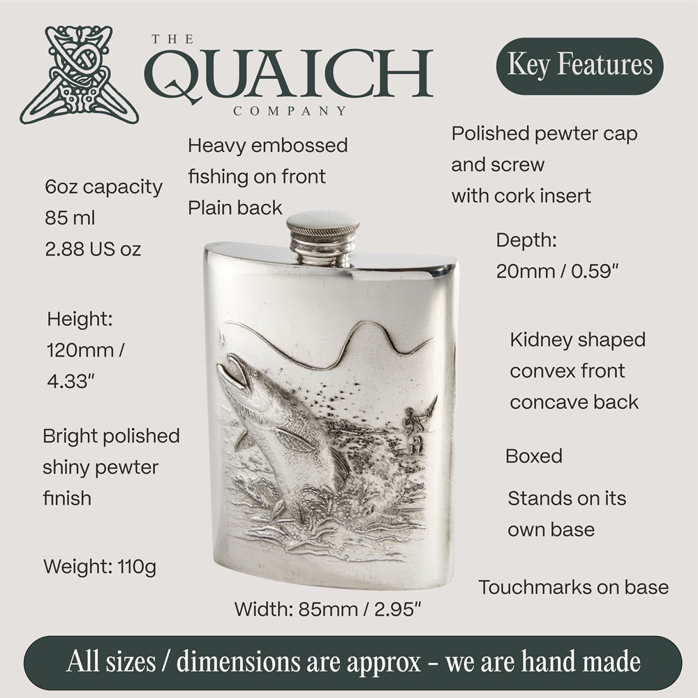 Embossed Fishing 6oz Pewter Kidney Flask