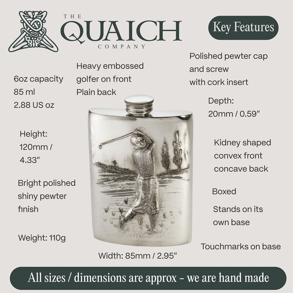 Embossed Golfer 6oz Pewter Kidney Flask